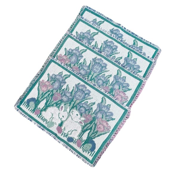 Vintage Woven Easter Placemats – Tulips & Bunny – 18"x12"- W Fringe Set of 4 EUC - Picture 1 of 10